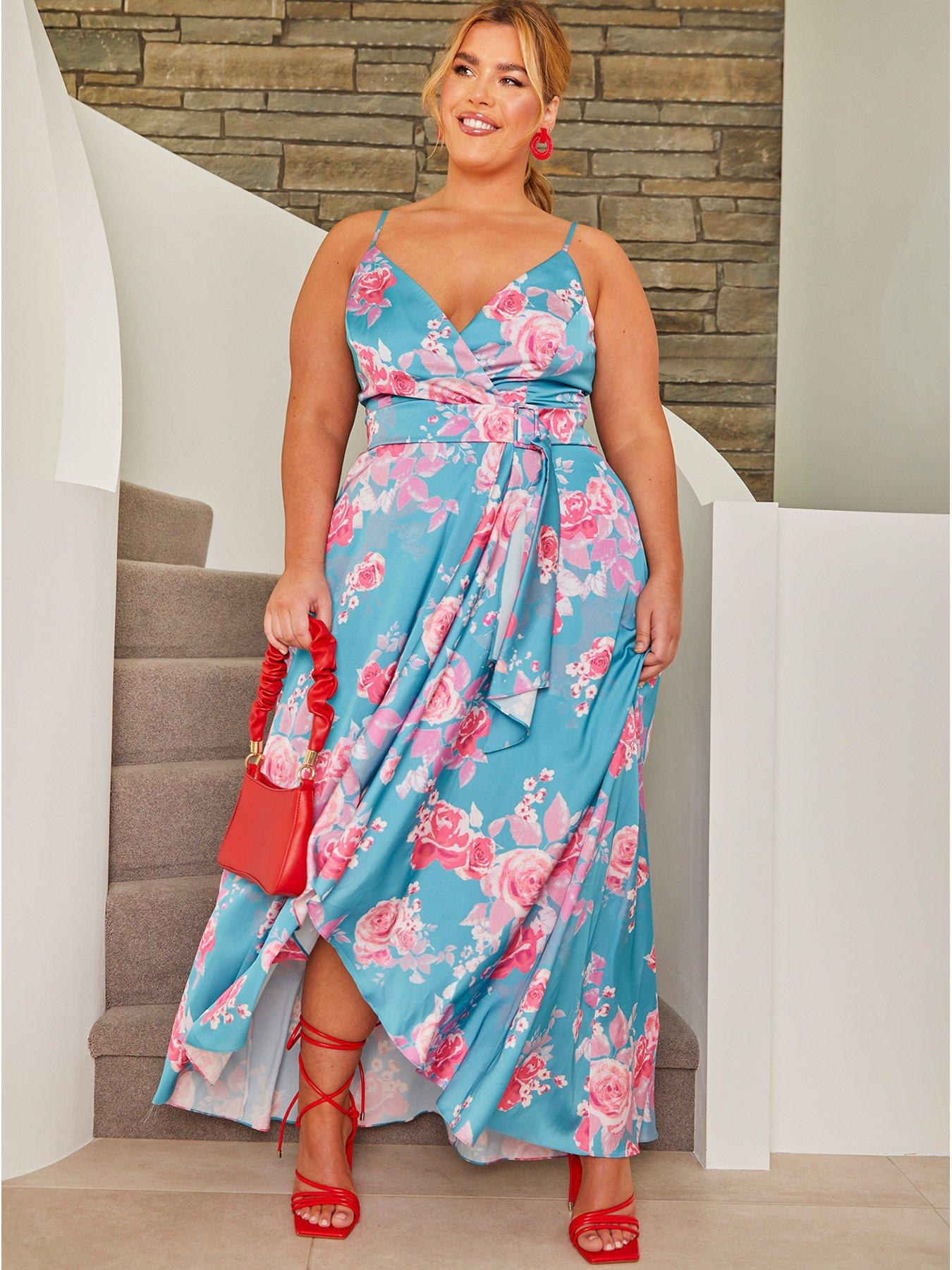 Plus Size Floral Wrap Dress Blue