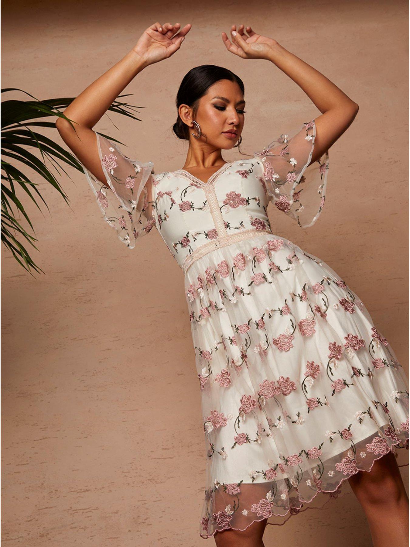 Chi Chi London V Neck Floral Lace Midi Dress In Cream/Pink Multi