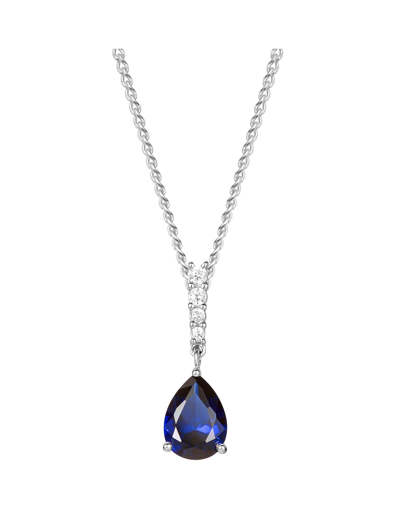  9ct White Gold Created Sapphire and Diamond Necklace 18 Inches