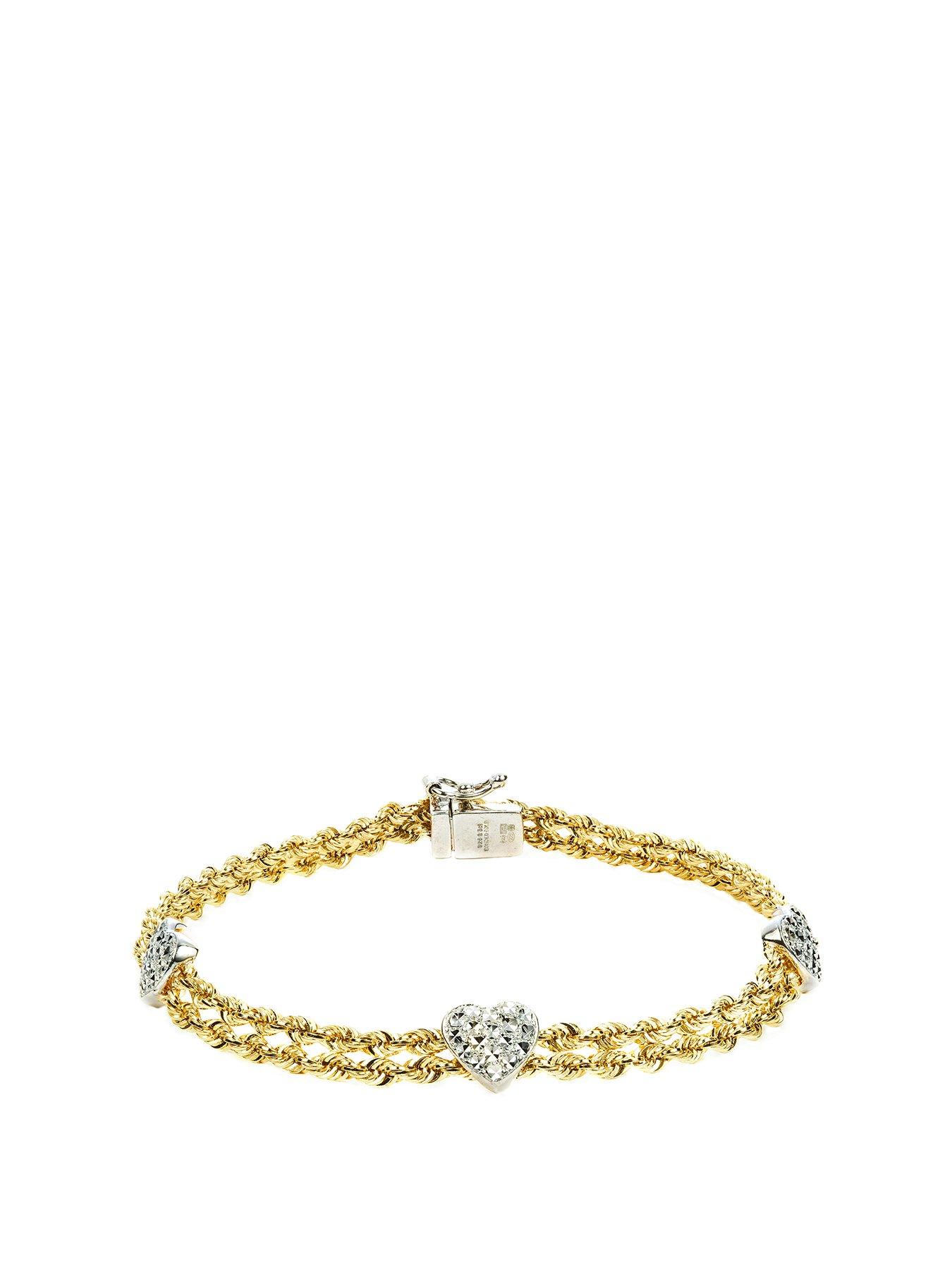 undefined Sterling Silver  &  9ct Yellow Gold Bonded Double Rope  &  Hearts Bracelet 7.5 Inches