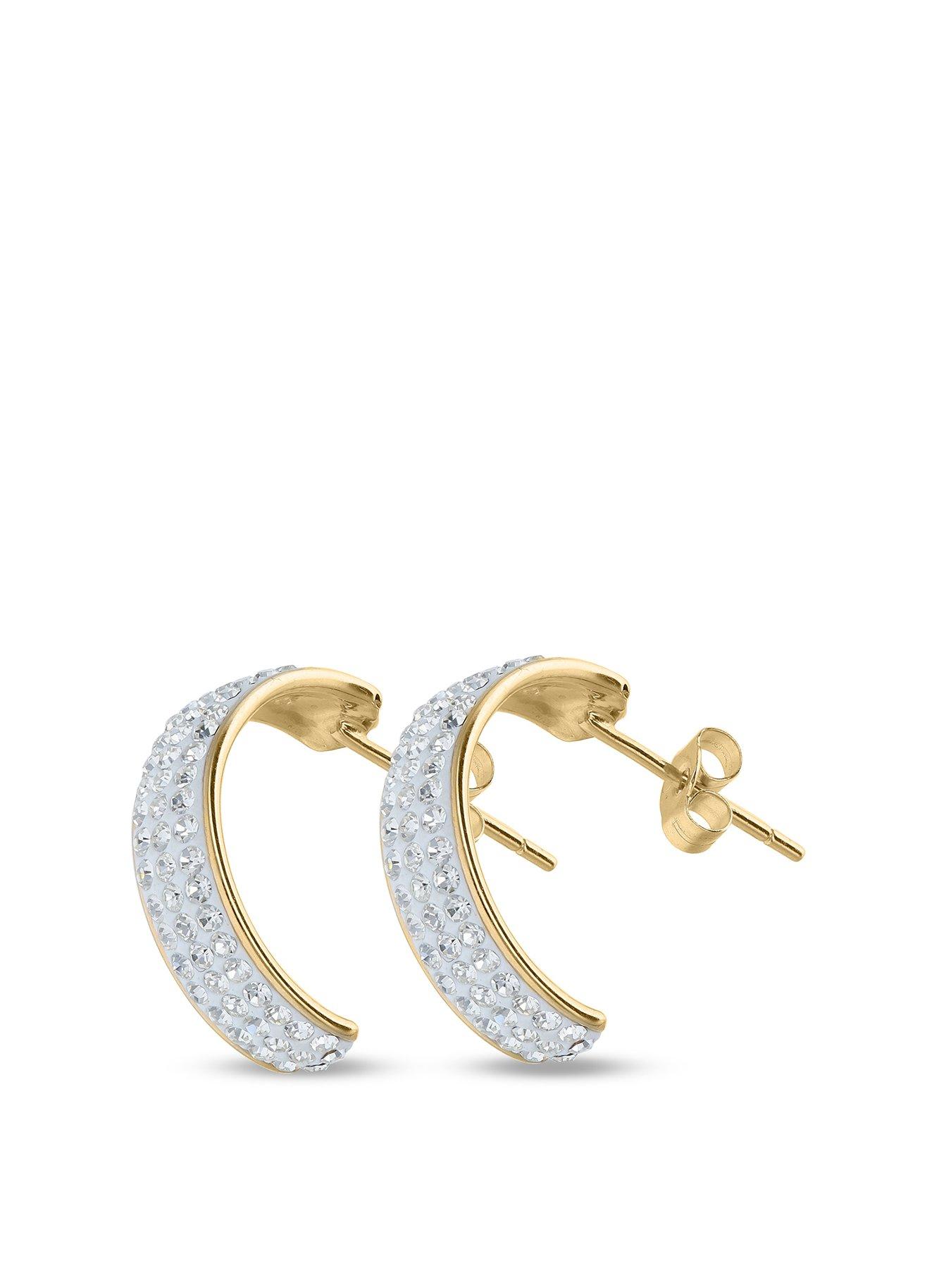 Women 9ct Yellow Gold Crystal Set Half Hoop Earrings