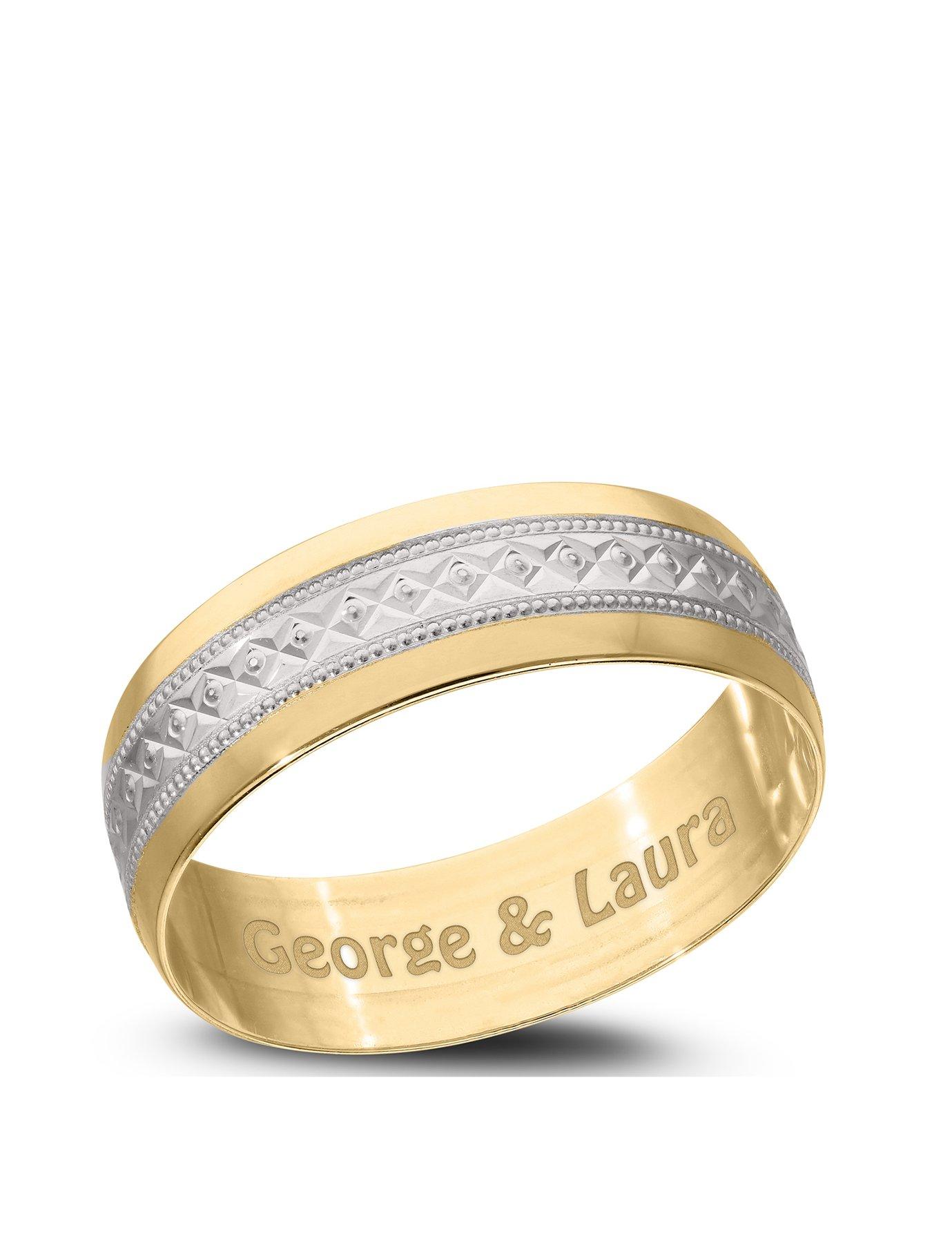 Product photograph of Love Gold 9ct Gold 6mm Milgrain And Diamond Cut Personalised Rhodium Plated Wedding Ring from very.co.uk