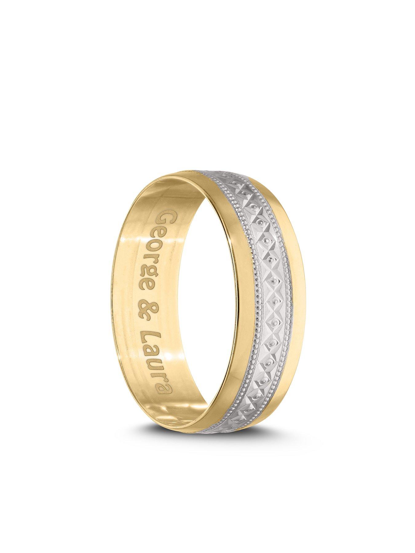 Love GOLD 9ct gold 6mm Milgrain and Diamond Cut Personalised Rhodium Plated Wedding Ring Very