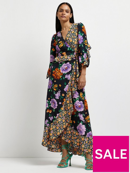 front image of river-island-floral-wrap-frill-maxi-dress-black