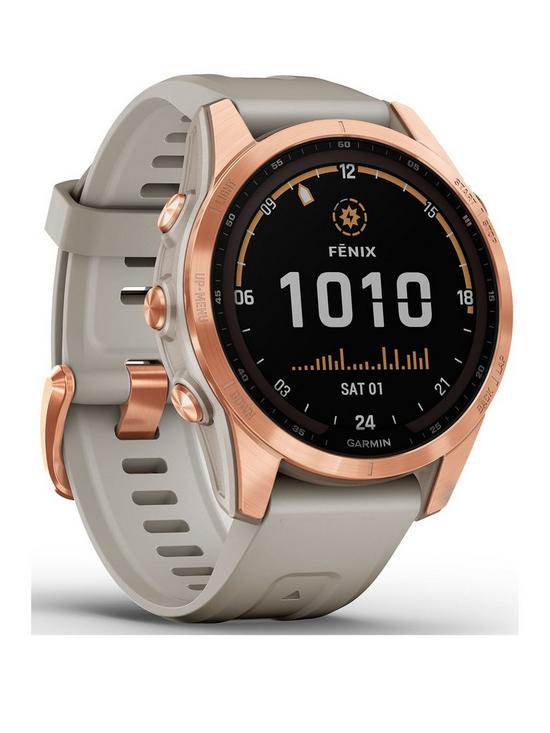 front image of garmin-fenix-7s-solar-multisport-gps-watch-rose-gold-with-light-sand-band