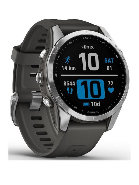 front image of garmin-fenix-7s-multisport-gps-watch-silver-with-graphite-band