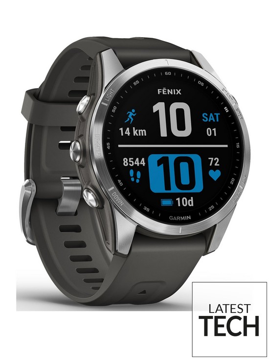 front image of garmin-fenix-7s-multisport-gps-watch-silver-with-graphite-band