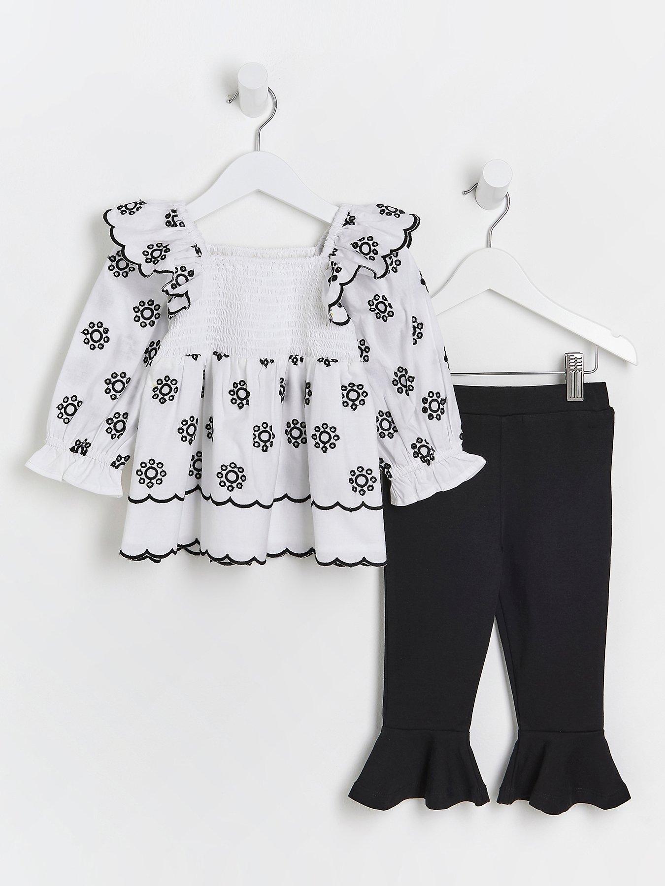 Baby Clothes Mini Girls Broderie Shirt and Frill Legging set-Black/white