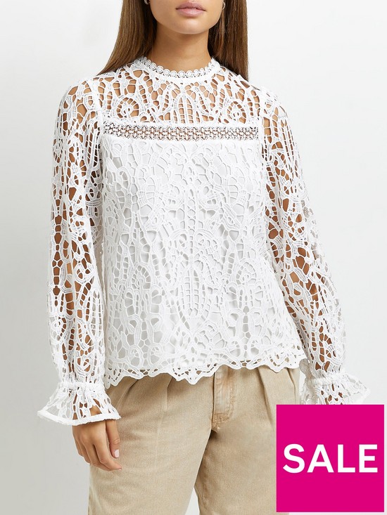 front image of river-island-cutwork-lace-blouse-white