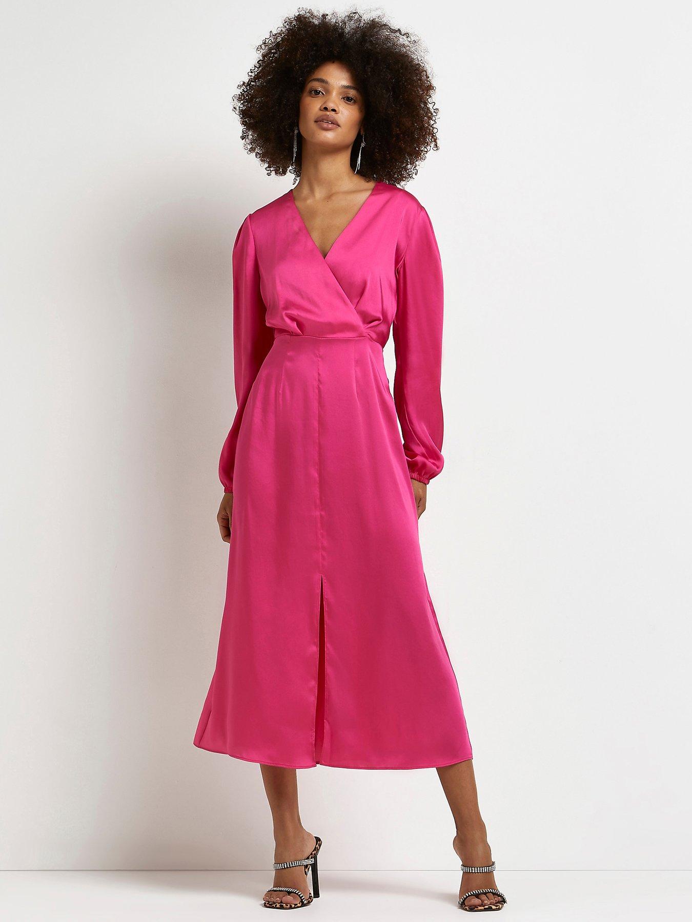  Satin Wrap Midi Dress- Pink