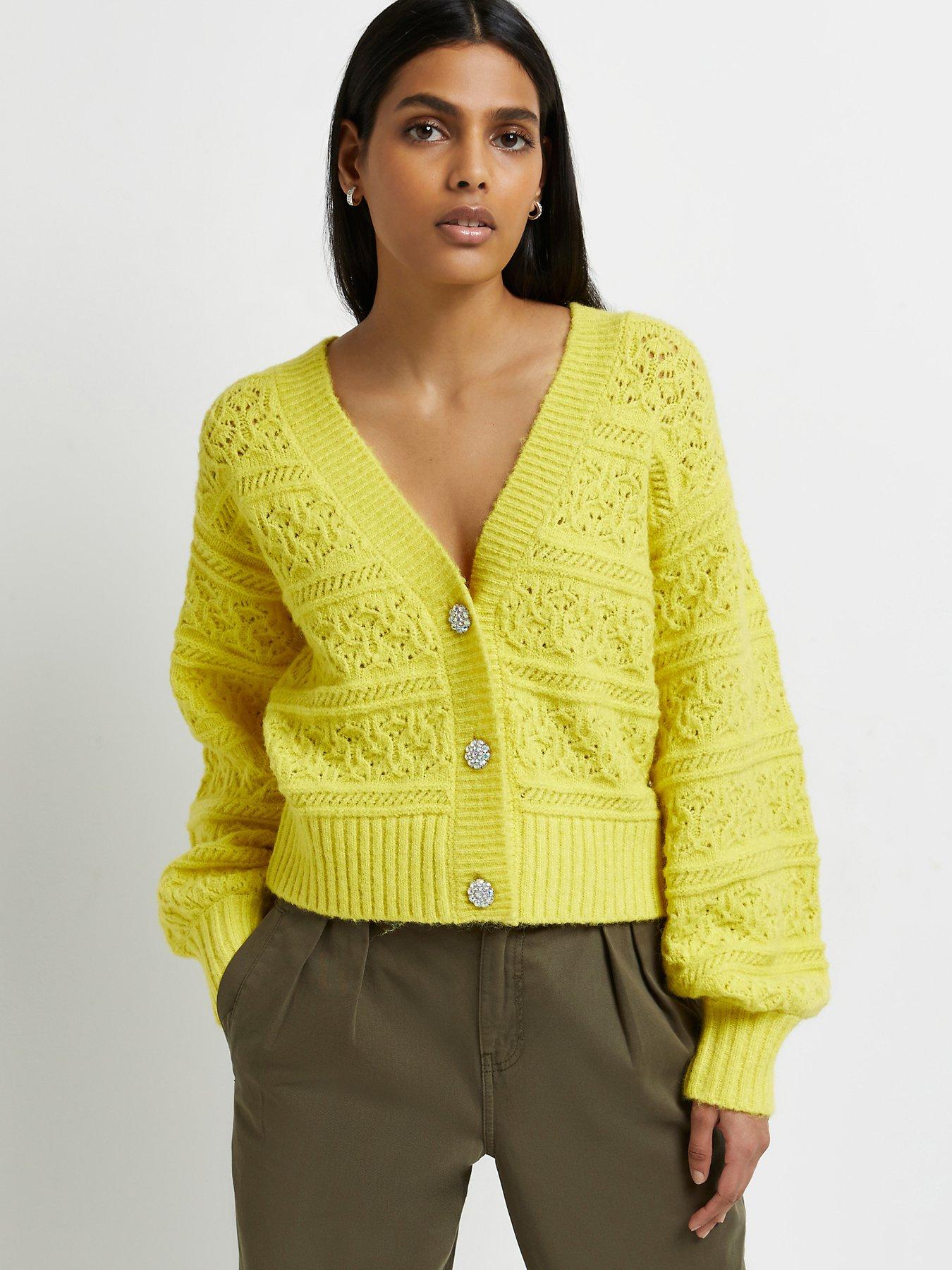 Women Stitch Knitted Cardigan-yellow