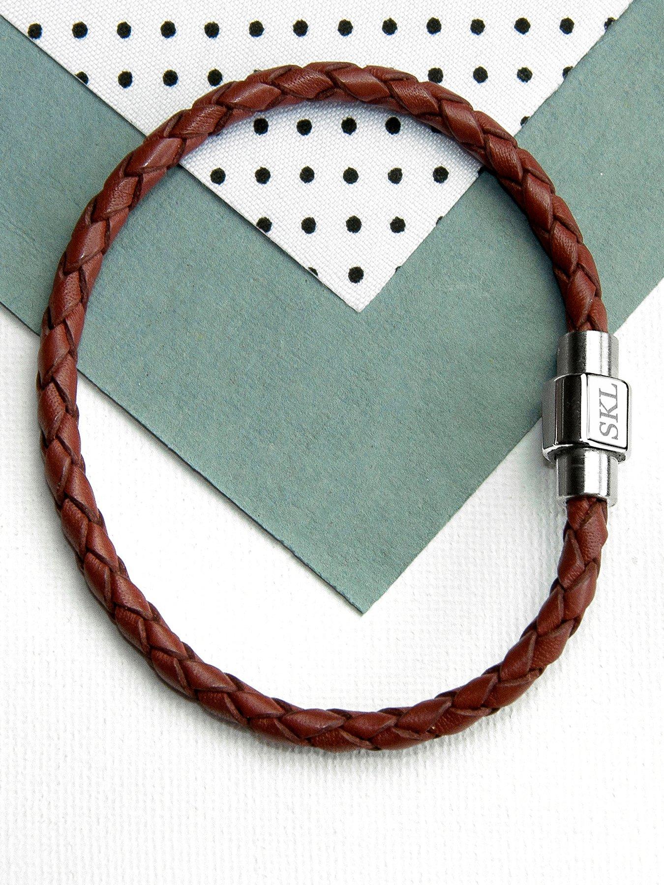 Image 2 of 4 of Treat Republic Personalised Men's Woven Leather Bracelet in Burnt Sienna