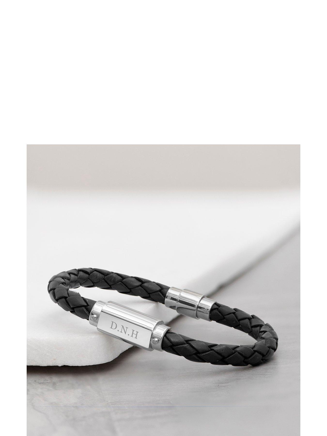 Product photograph of Treat Republic Personalised Mens Black Leather Bracelet from very.co.uk