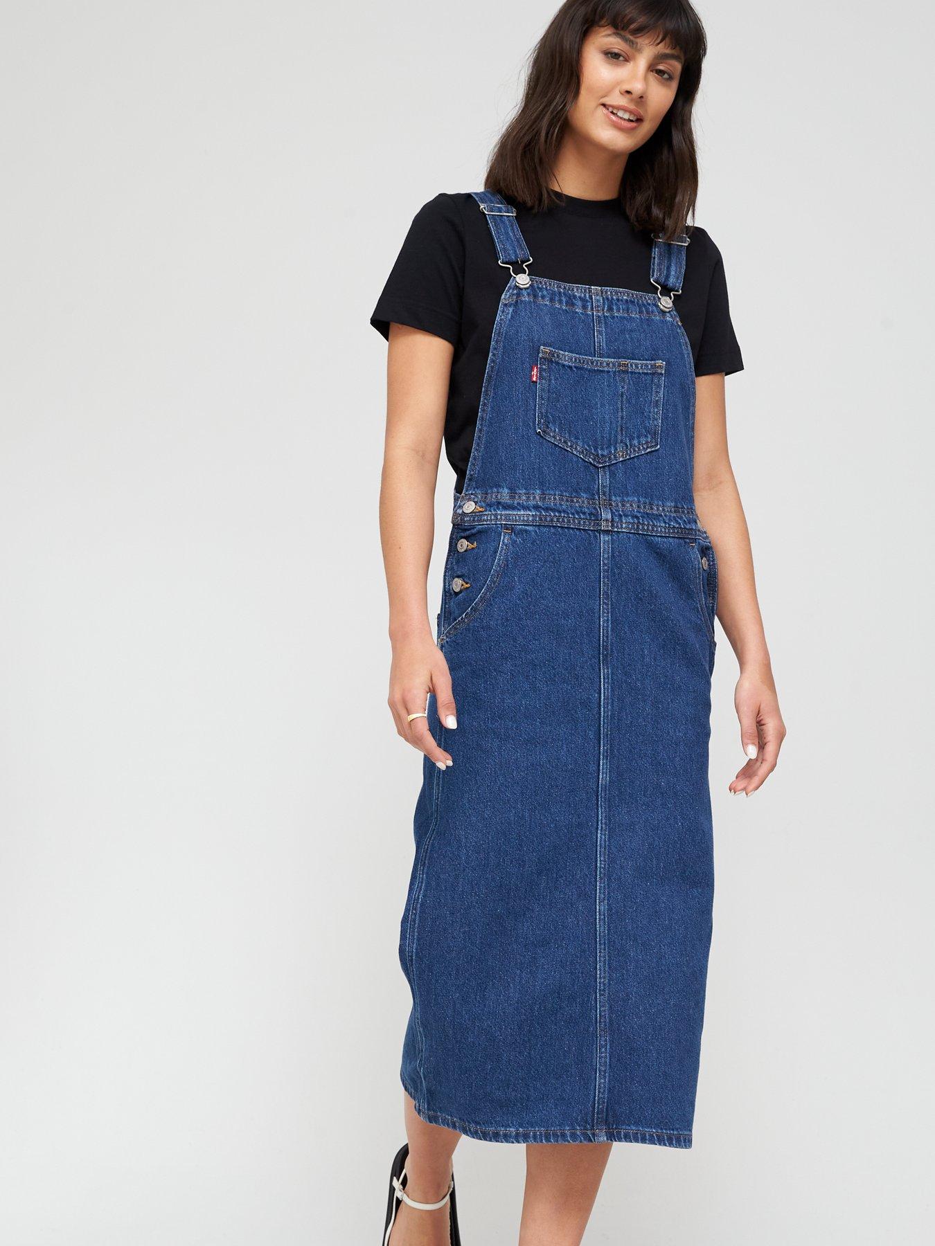 Levi's Hemp Mix Denim Pinafore Midi Dress - Blue | very.co.uk
