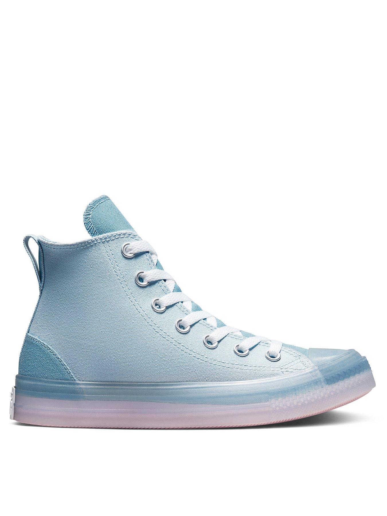 pink and blue high top converse