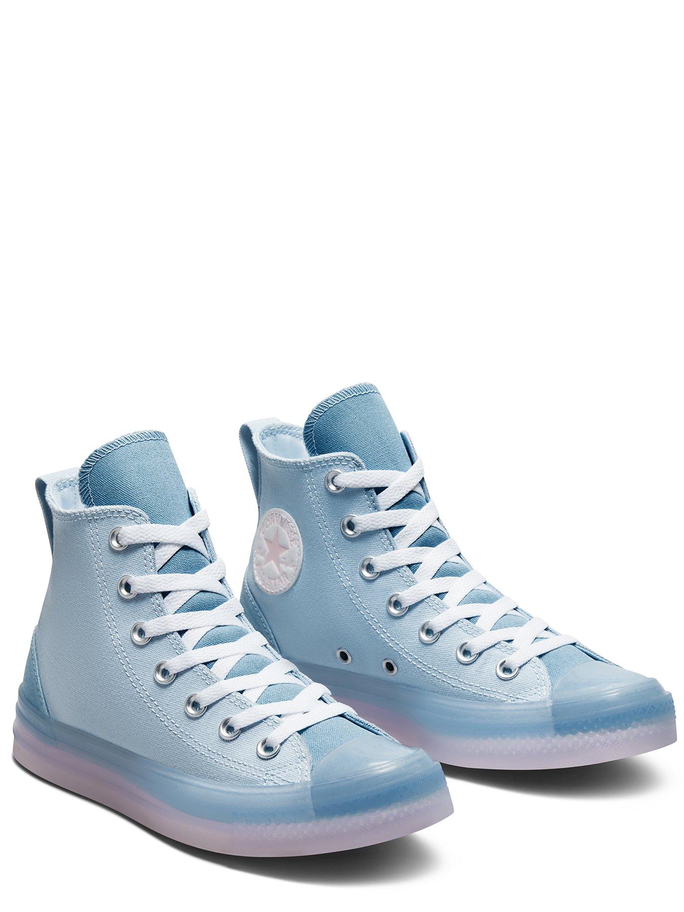 pink and blue high top converse