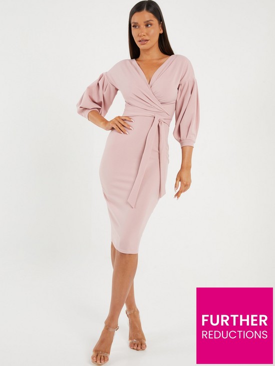 front image of quiz-blush-scuba-crepe-34-sleeve-wrap-midi-dress