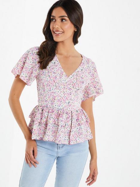 quiz-pink-polyester-floral-double-peplum-frill-top