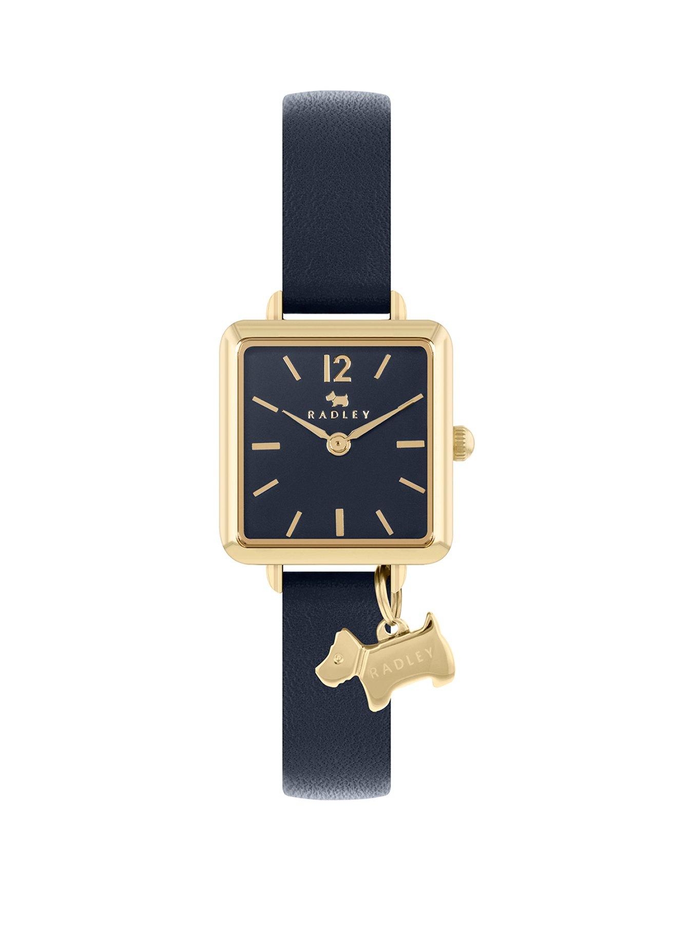 Product photograph of Radley Ladies Square Pale Gold Plated Ink Leather Strap Watch Ry21370 from very.co.uk