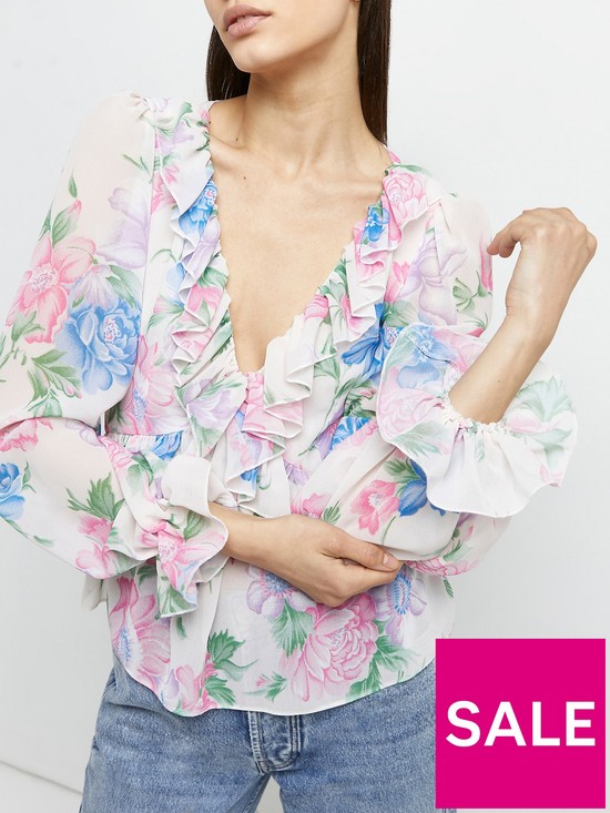 front image of river-island-ruffle-v-neck-blouse-pink