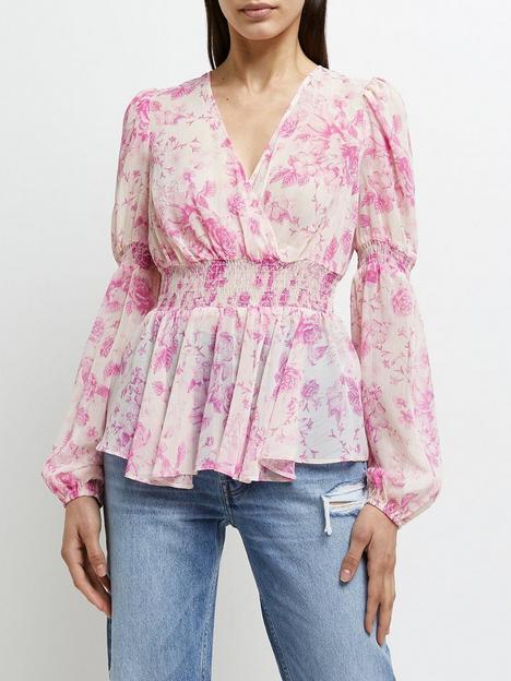 river-island-floral-ruched-waisted-top-pink