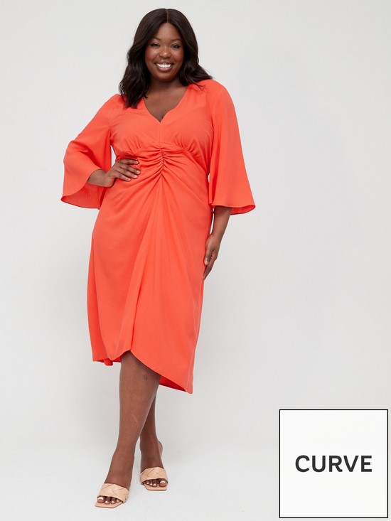 front image of v-by-very-curve-ruched-front-34-sleeve-midi-dress-orange