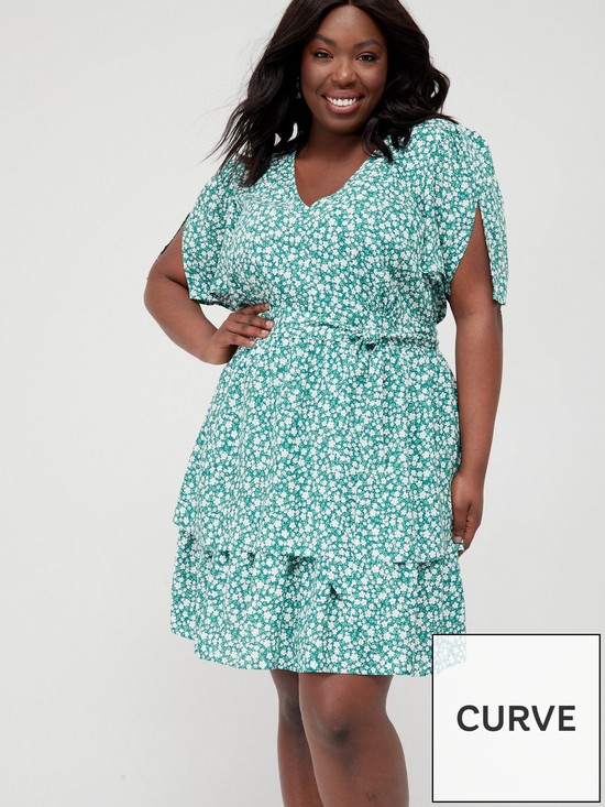 front image of v-by-very-curve-ditsy-floral-mini-tea-dress-green