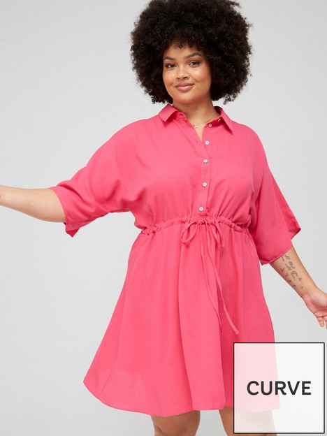 v-by-very-curve-short-sleeve-tie-waist-shirt-dress-pink