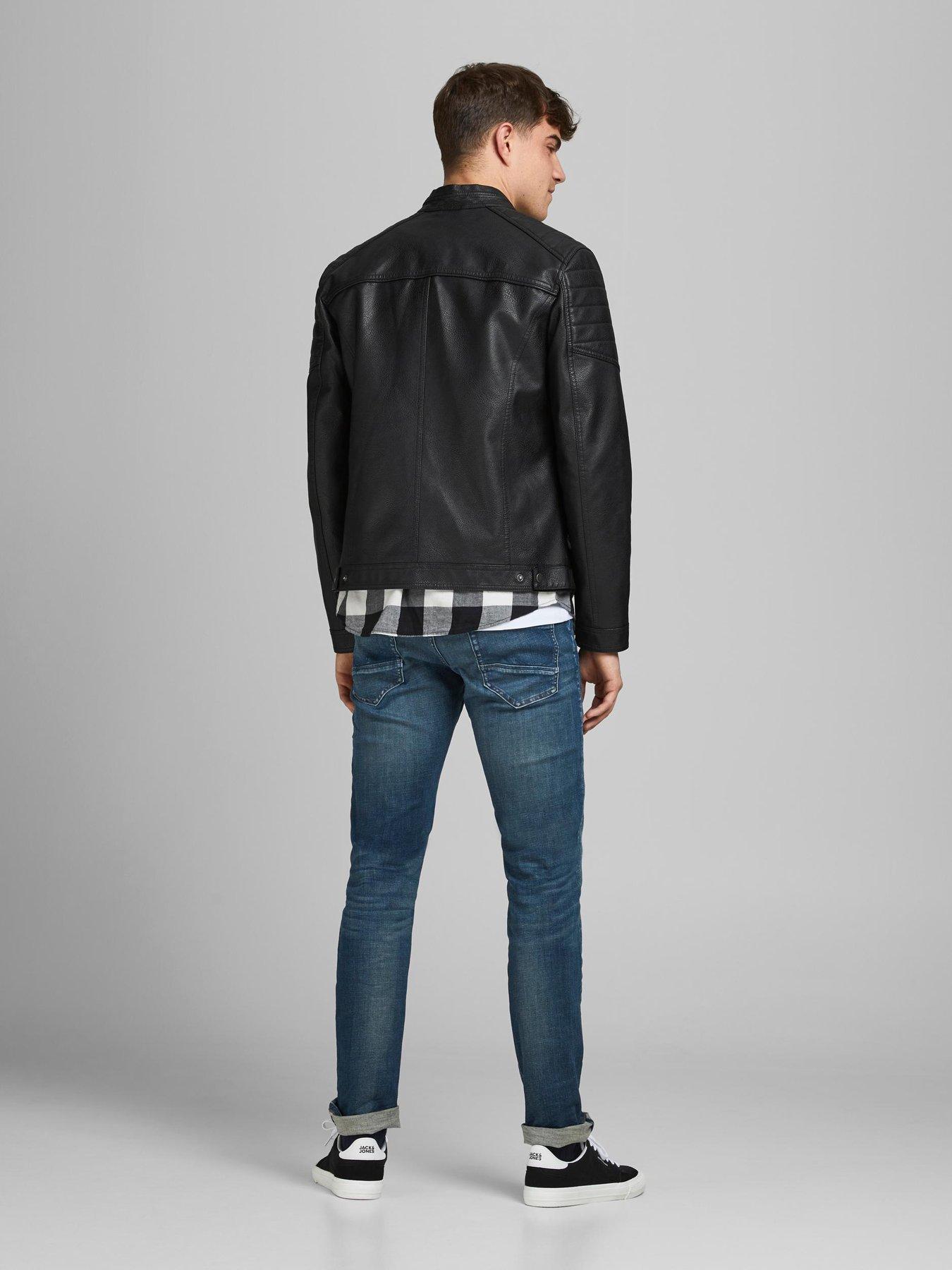 Jack & Jones Essentials faux leather racer jacket in black