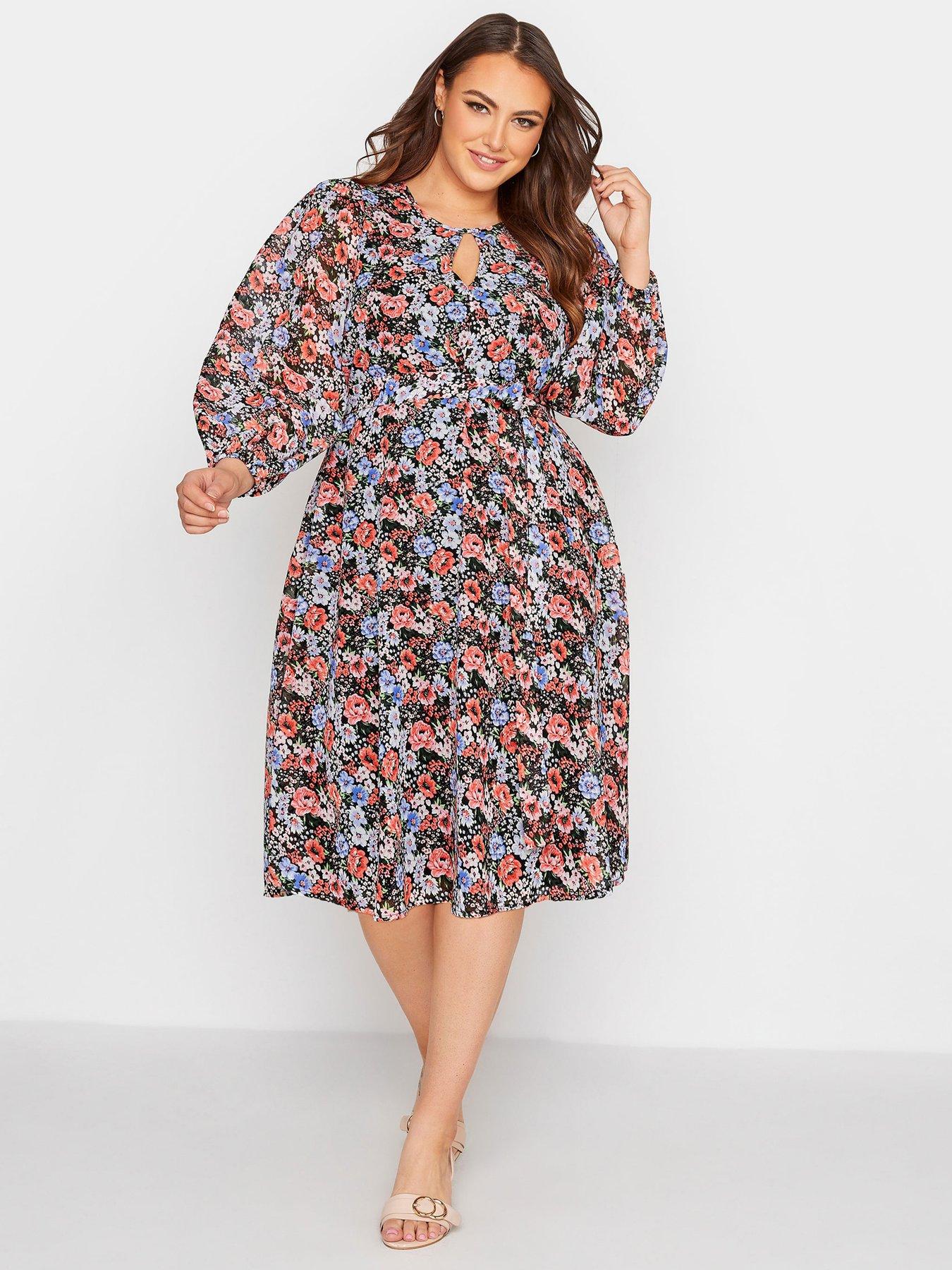  Yours London Ditsy Floral Keyhole Puff Sleeve Skater Dress - Black