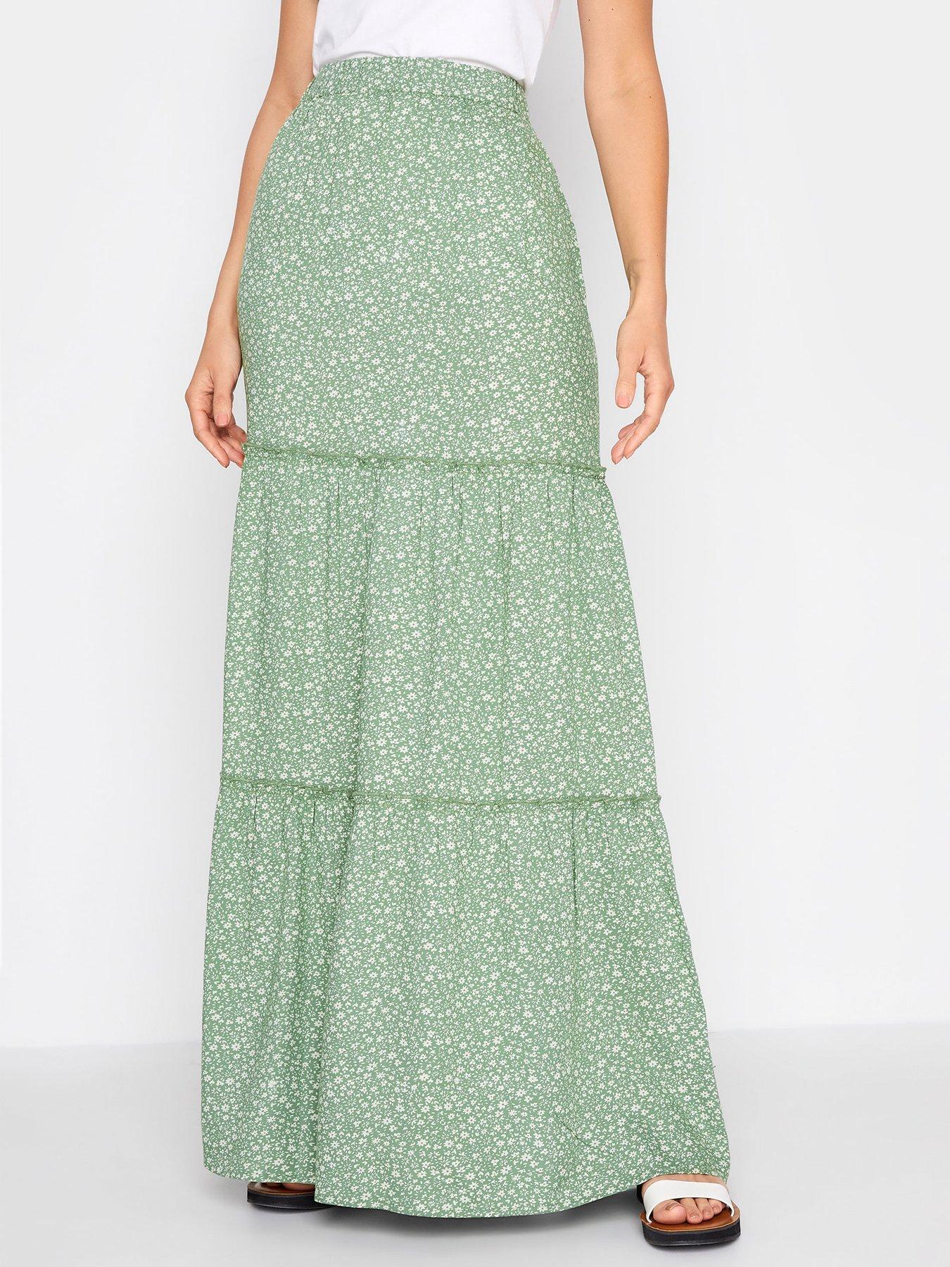 Women Floral Print Tiered Maxi Skirt - Green