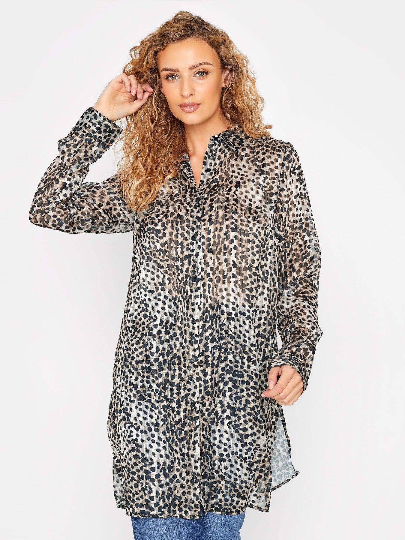 Women Leopard Print Longline Shirt - Beige/Brown