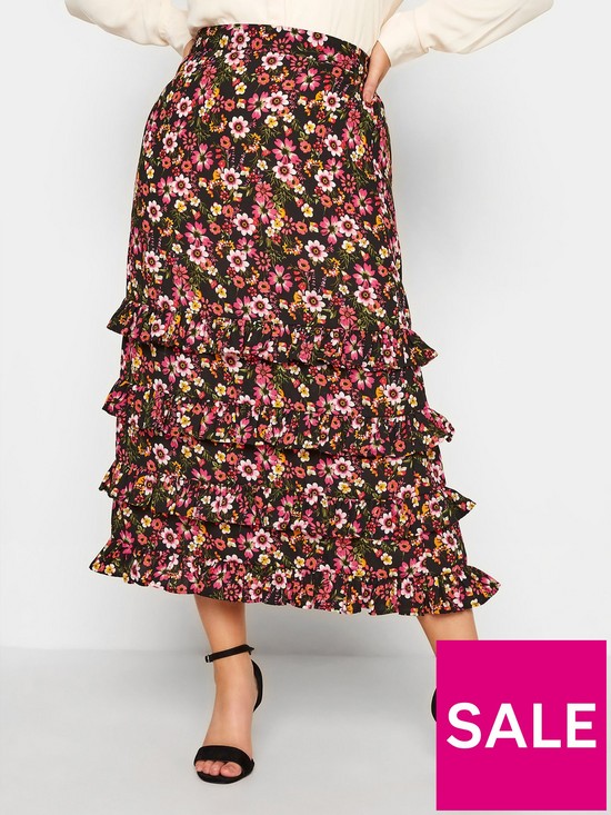 front image of yours-london-floral-ruffle-skirt-blacknbsp