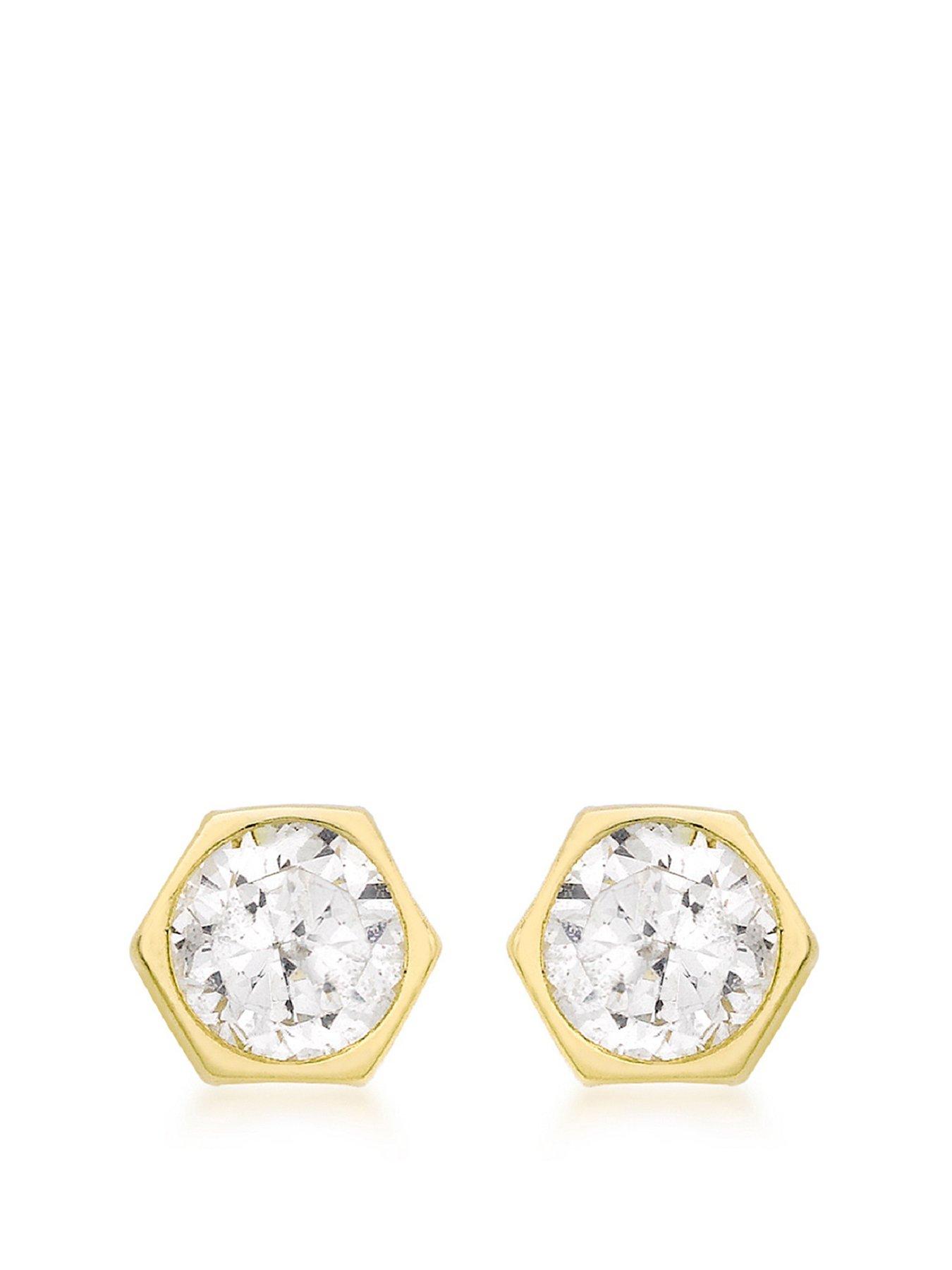 undefined 9ct Yellow Gold 5mm CZ 6mm x 5.5mm Hexagonal Stud Earrings