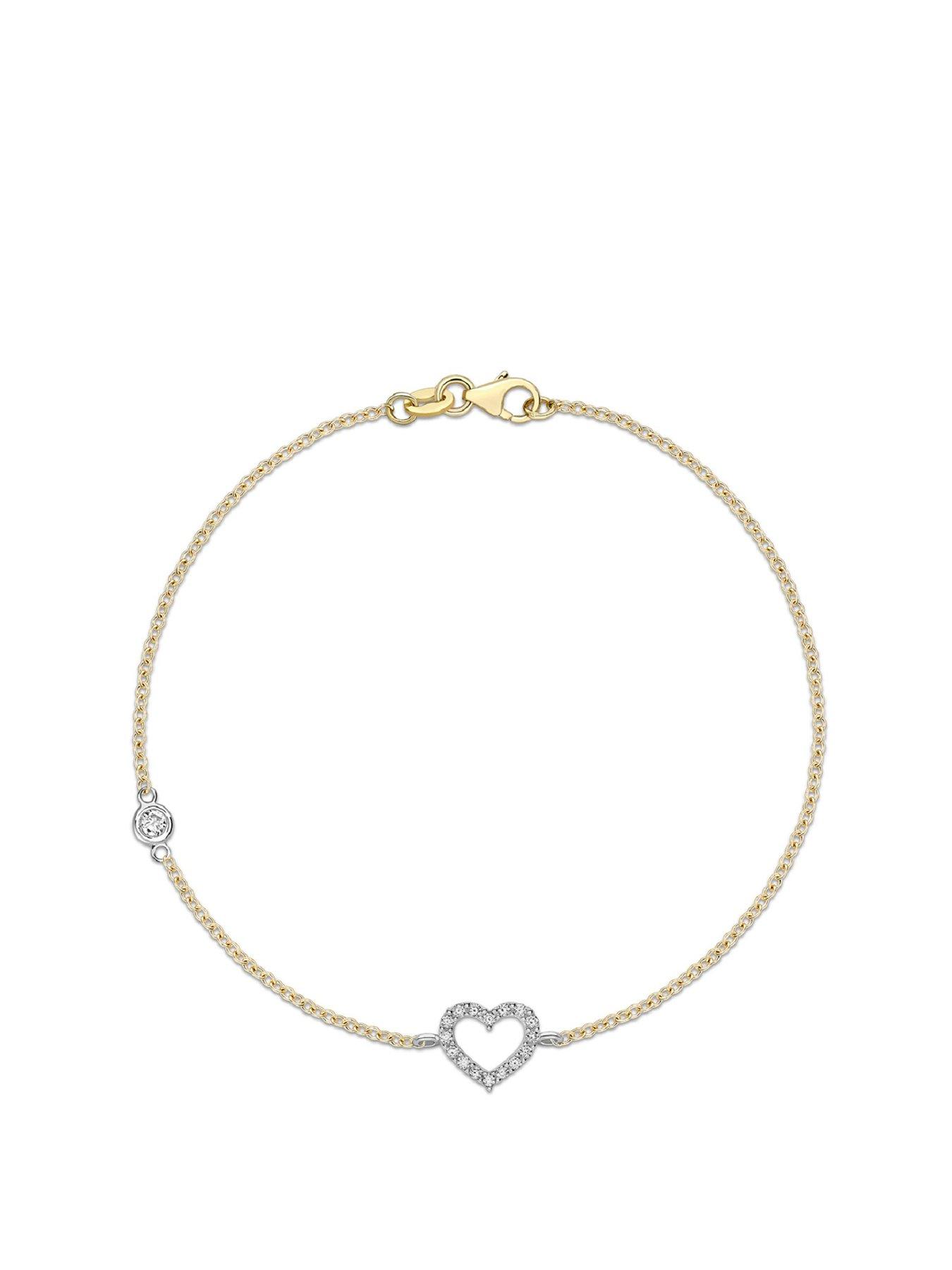 undefined 9ct 2-Colour Gold 3.5mm CZ and 13mm x 7.5mm CZ Heart Bracelet 19cm/7.5''