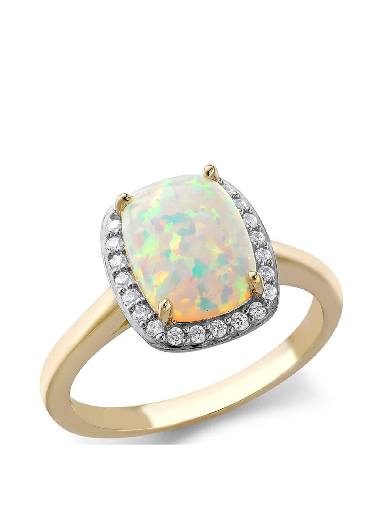 Product photograph of Love Gold 9ct Yellow Gold Cz And Synthetic Opal Open-cathedral Halo Ring from very.co.uk