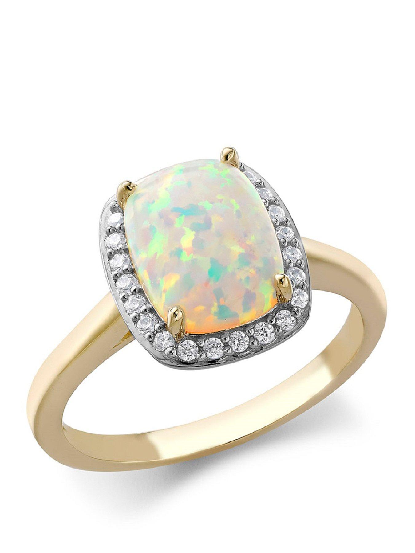 The Love Collection 9ct Yellow Gold CZ and Synthetic Opal Open-Cathedral Halo Ring