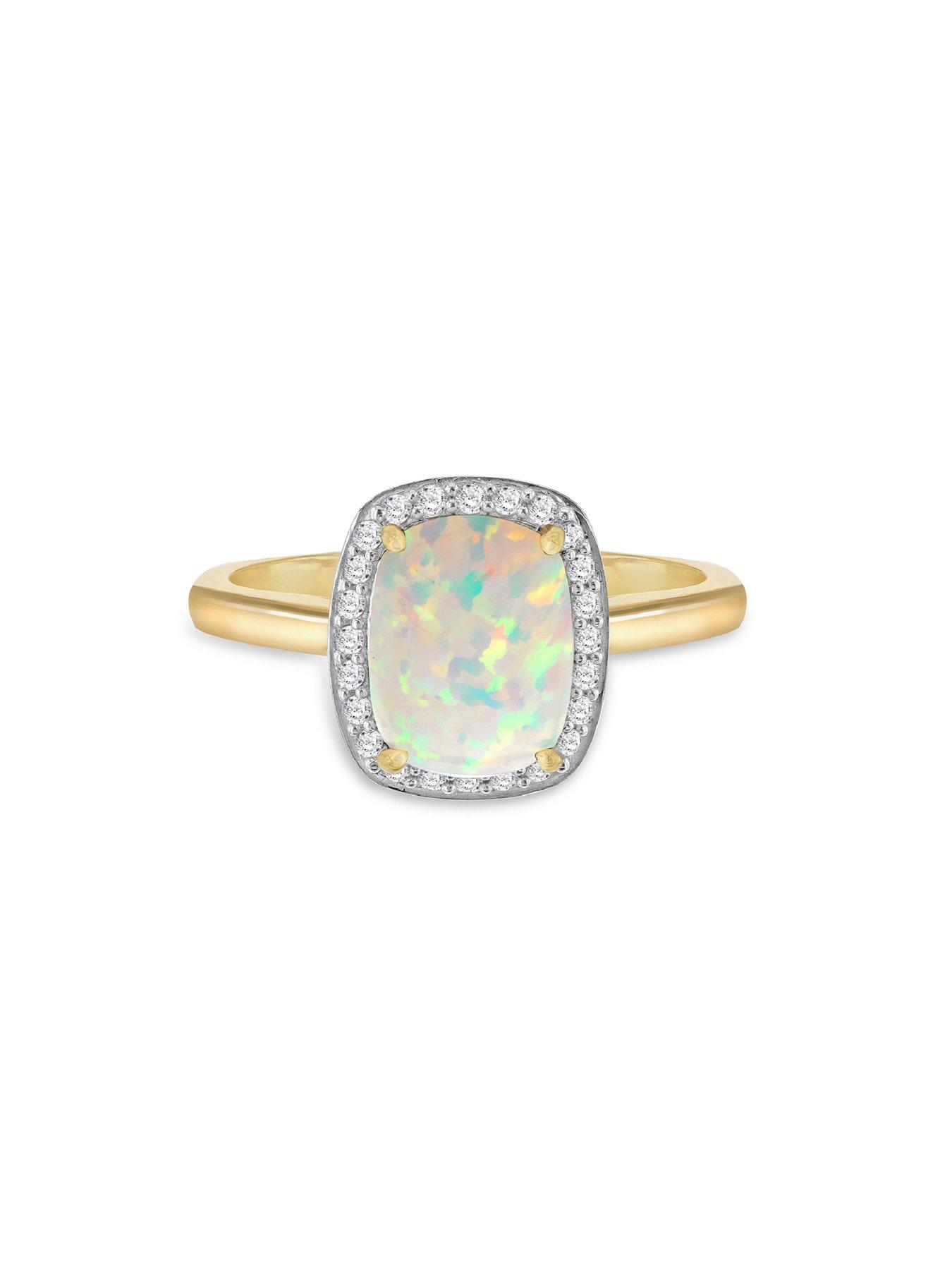 Love GOLD 9ct Yellow Gold CZ and Synthetic Opal Open-Cathedral Halo ...