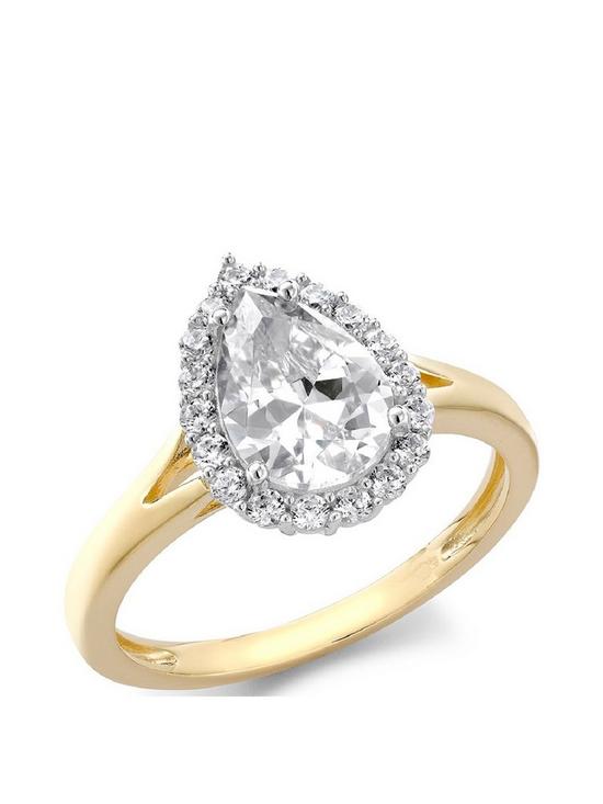 front image of love-gold-9ct-yellow-gold-pear-cz-split-shoulder-halo-ring