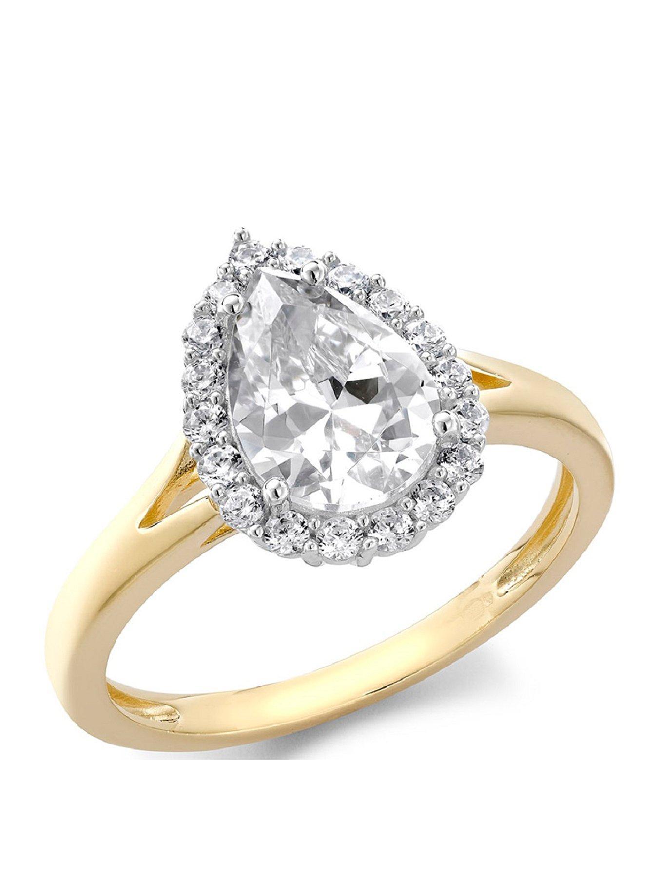 The Love Collection 9ct Yellow Gold Pear CZ Split-Shoulder Halo Ring
