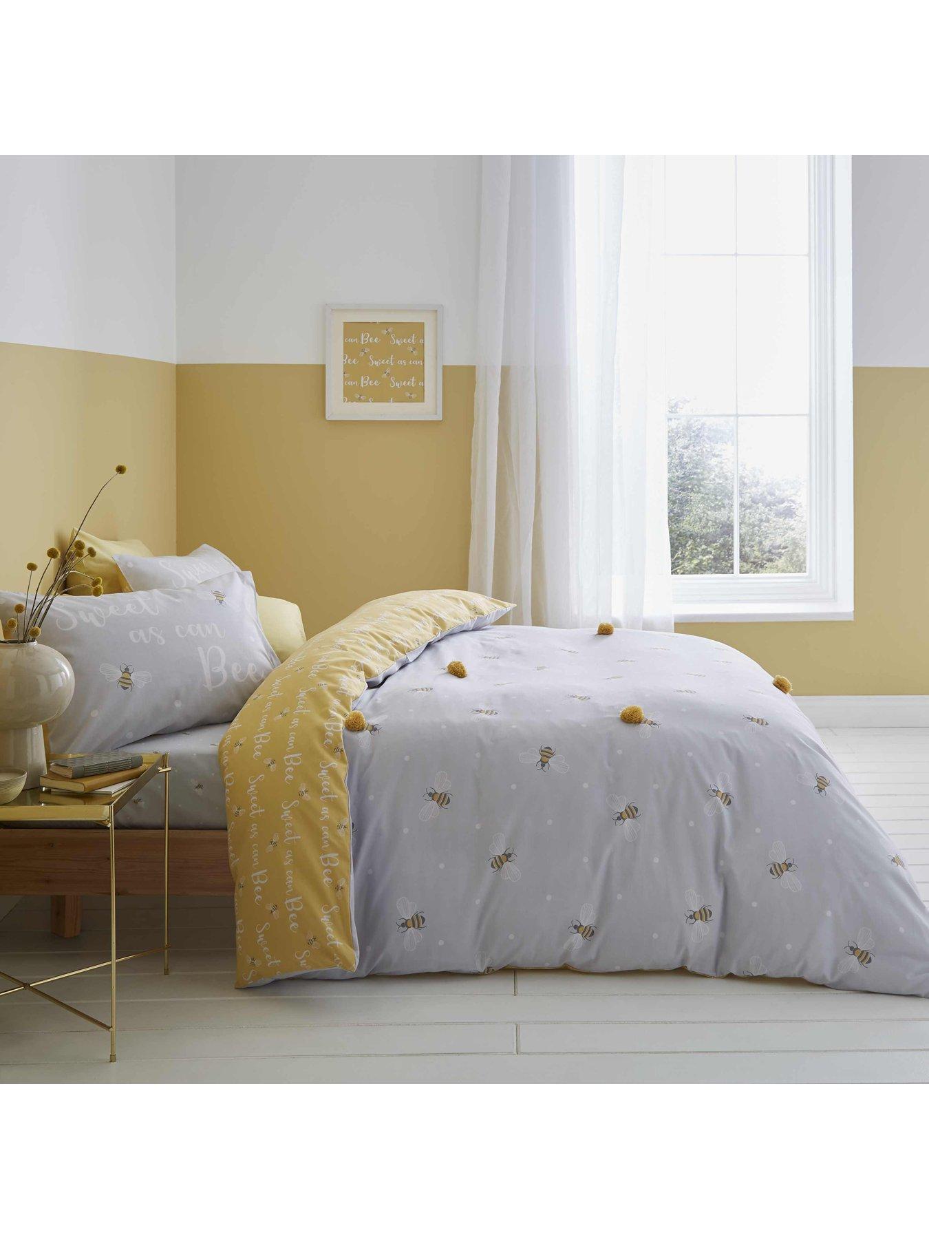 Product photograph of Catherine Lansfield Sweet As Can Bee Duvet Cover Set - Grey Ochre from very.co.uk