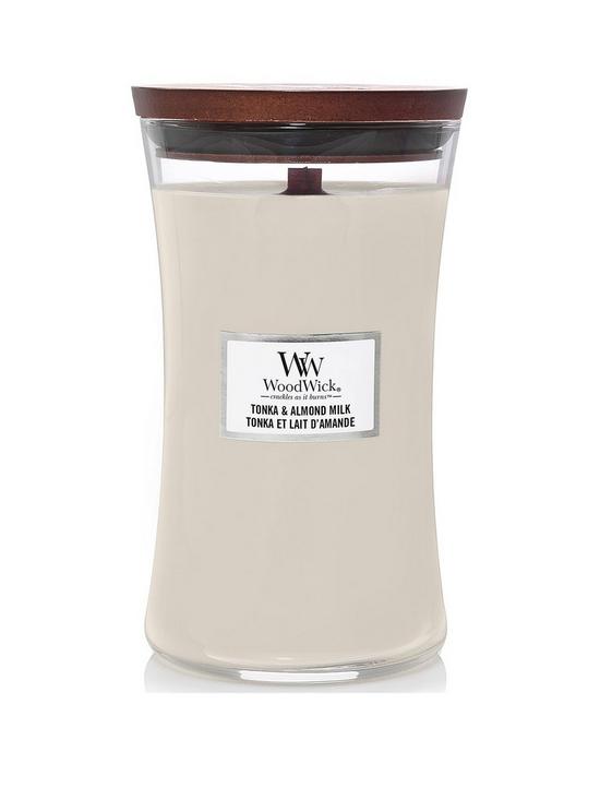 front image of woodwick-large-hourglass-candle-jar-tonka-almond-milk