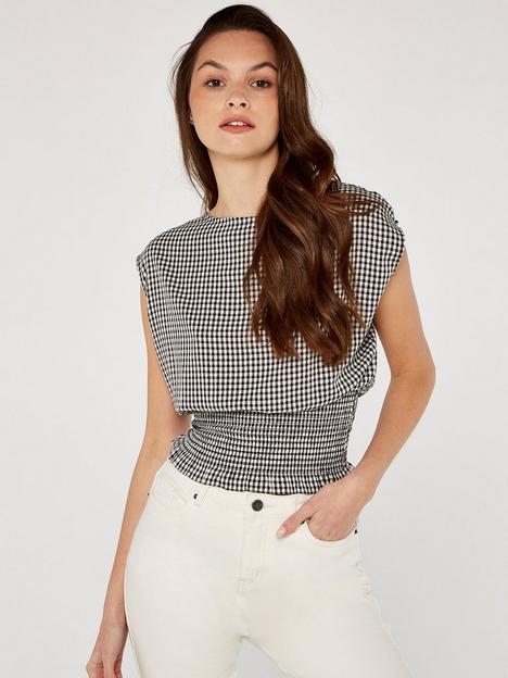 apricot-gingham-smocked-waist-top