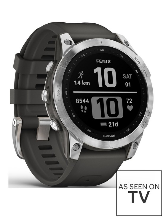 front image of garmin-fenix-7-multisport-gps-watch-silver-with-graphite-band