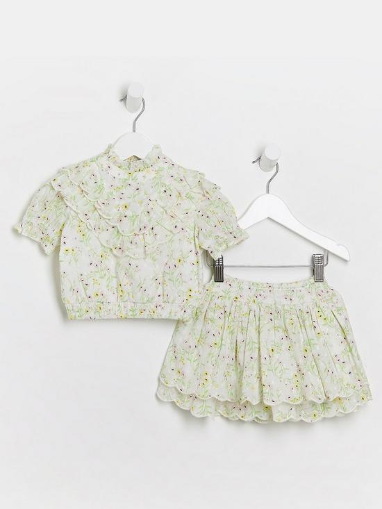 front image of river-island-mini-mini-girls-floral-blouse-and-shirt-set-green