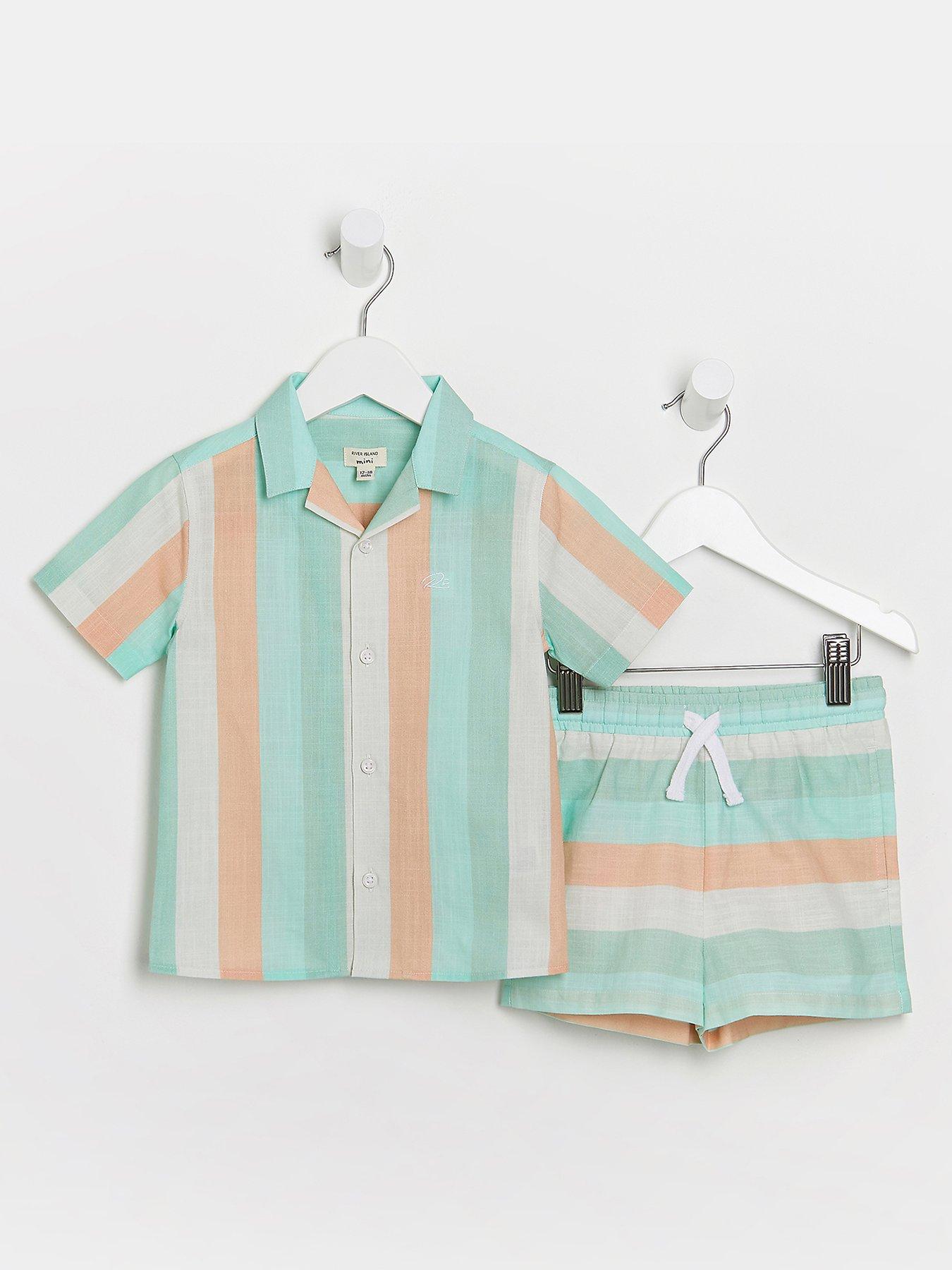 Baby Clothes Mini Boys Stripe Shirt and Short Set-Green