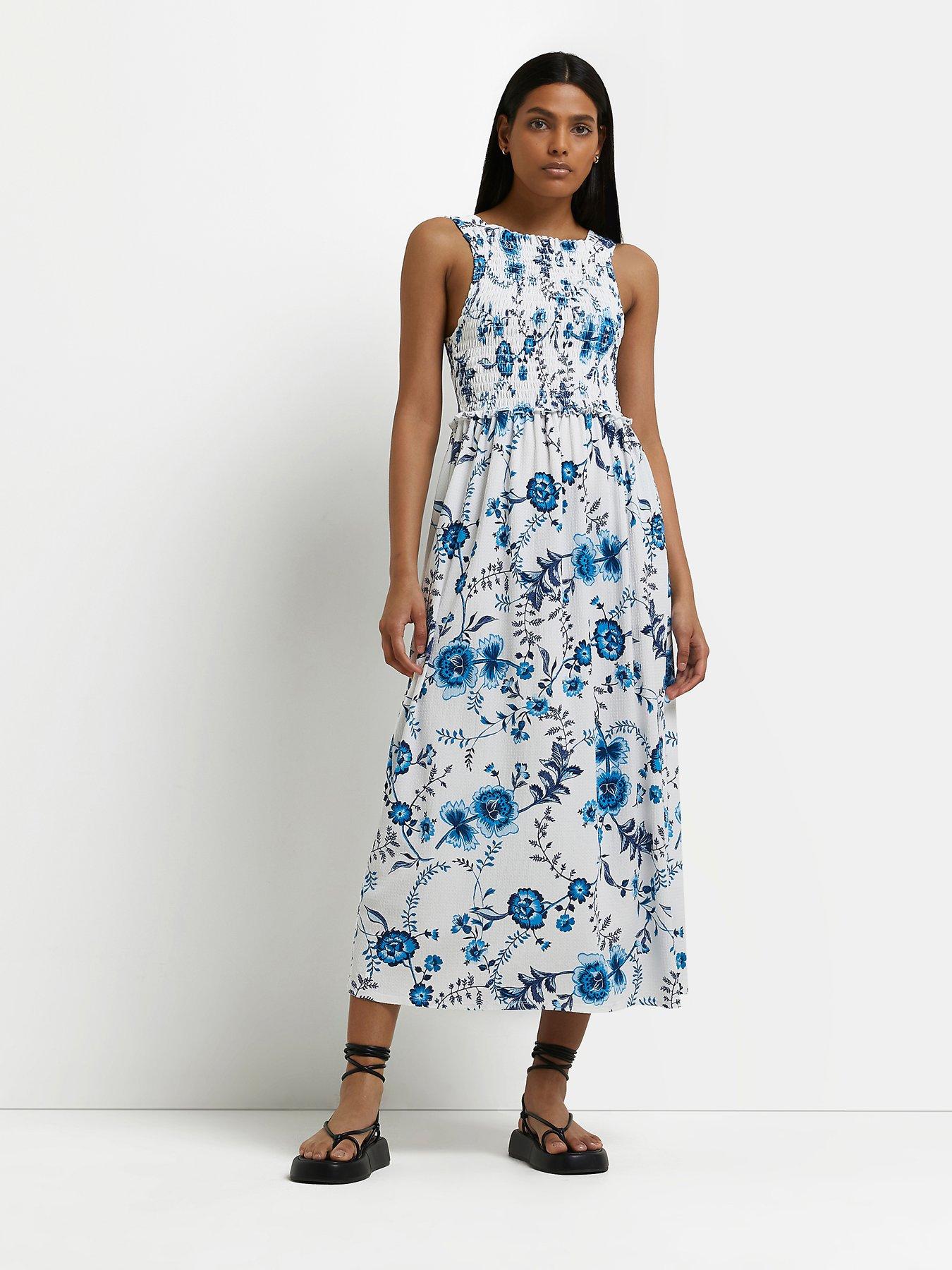 blue floral smock midi dress