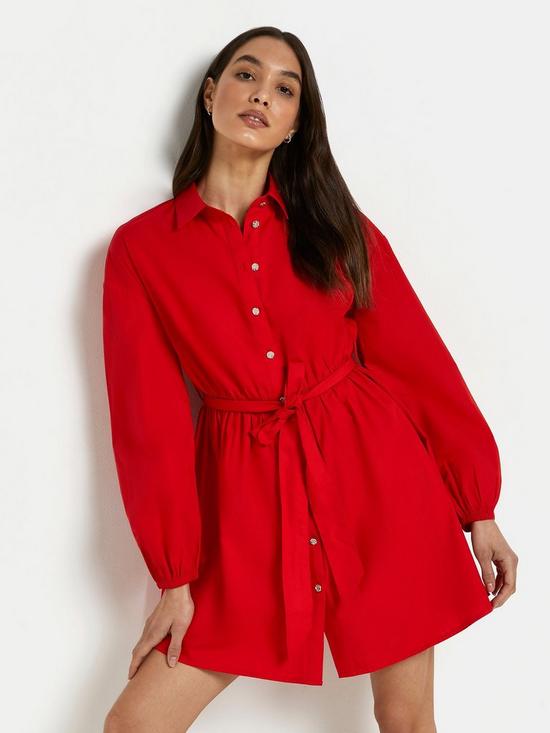 front image of river-island-tie-waist-mininbspshirt-dress-red
