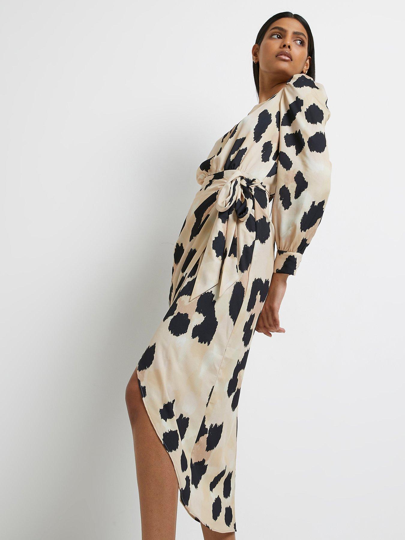 F&f neutral leopard border cheap satin wrap midi dress