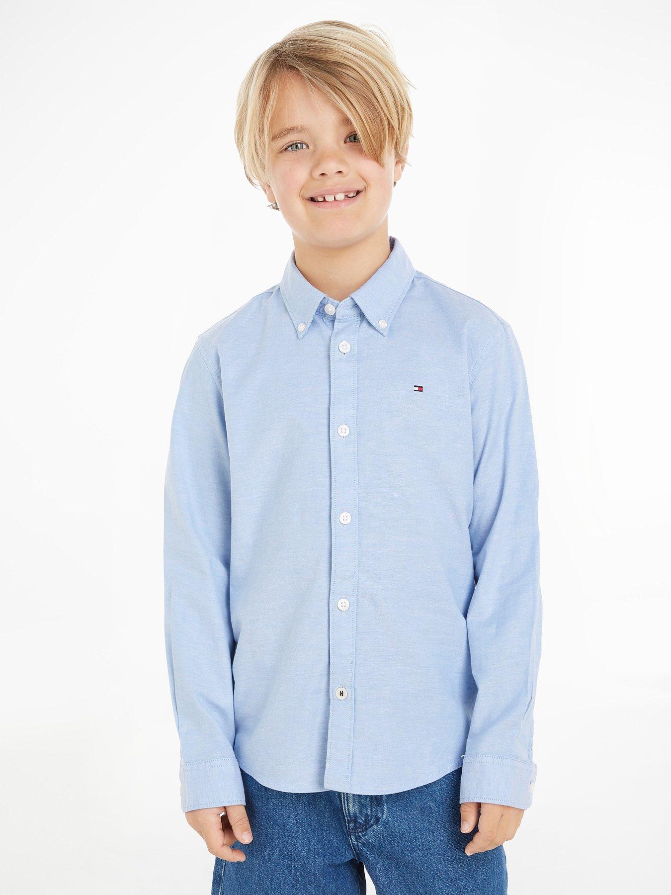 Tommy Hilfiger Boys Stretch Oxford Long Sleeve Shirt, Calm Blue, Size 6 Years